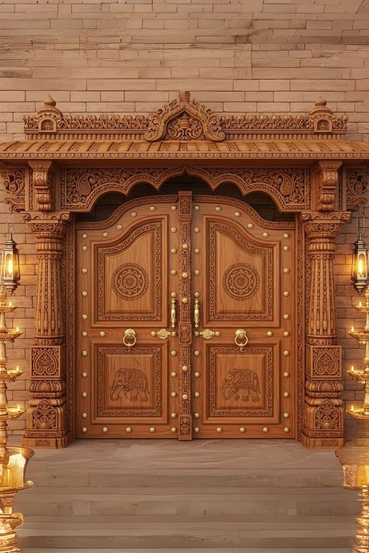 Grand Teakwood Gate with Traditional Indian Motifs